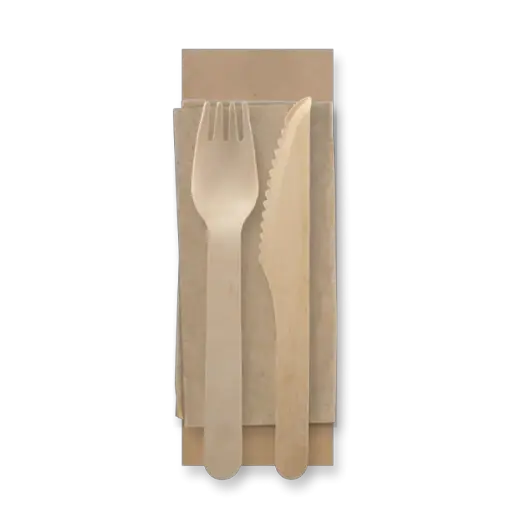 [300040047] WOODEN FORK, KNIFE, NAPKIN SET X500